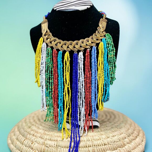 Hand Crafted Jewelry - Kenyan Artisan Brass Bib Necklace Multi Color Glass Seed Bead Fringe Statement